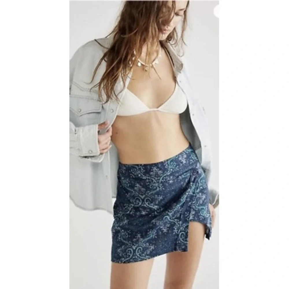 Free People Take It Easy Navy Teal Paisley Wrap Front Skort Mini Skirt Shorts
